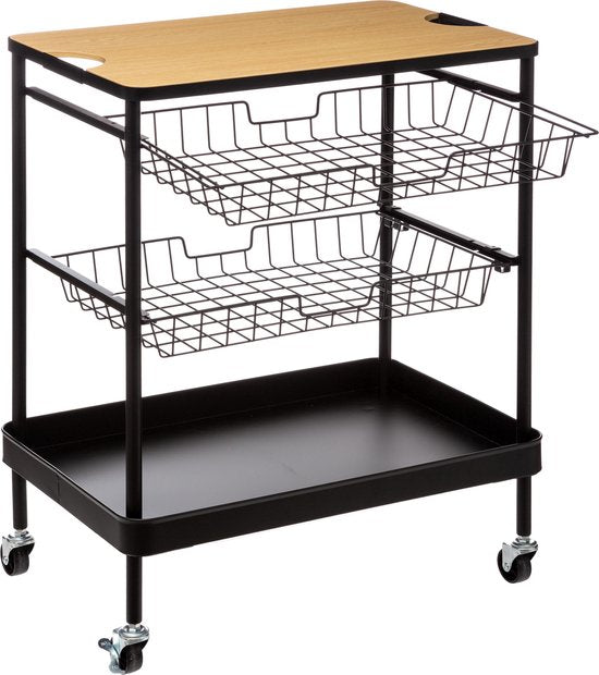 Serveerwagen met 3 opbergvakken en plateau 40x60x79 cm - Zwart