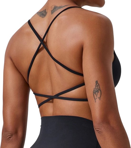 SparkNine Vivavee sport-bh - stijlvolle bra - gedraaide knoop - kruislingsbandjes - S - zwart - V-hals - medium ondersteuning - verwijderbare vulling