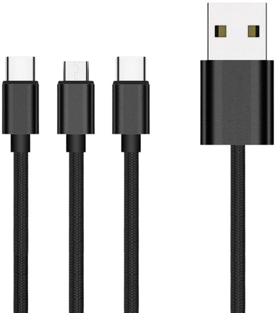 FLOKOO 3-in-1 USB Kabel – 1 meter – Snelladen & Dataoverdracht – USB naar USB-C - Micro-USB - Lightning – Nylon Gevlochten – Zwart - Oplaadkabel Telefoon