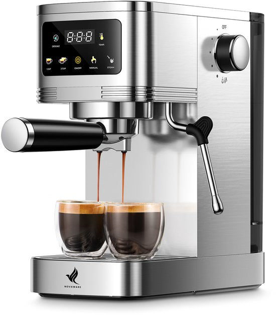 NovaWare® Espressomachine – Pistonmachine – Koffiemachines - Kopjesverwarmer - Met Stoompijpje - RVS