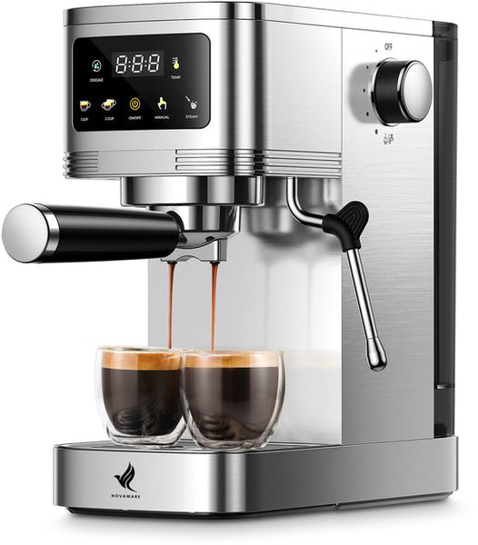 NovaWare® Espressomachine – Pistonmachine – Koffiemachines - Kopjesverwarmer - Met Stoompijpje - RVS