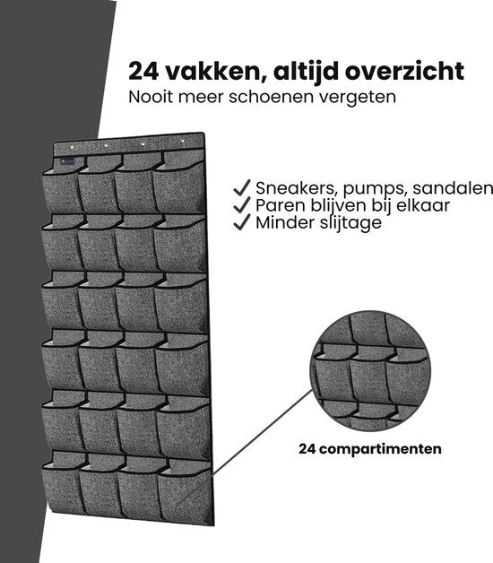 Schoenenkast Hangend - Schoenenzak 24 vakken - Opbergen van Schoenen aan Deur - Schoenenzak Grijs - Oplossing voor rondslingerende schoenen - Hoogwaardige Schoenenkast
