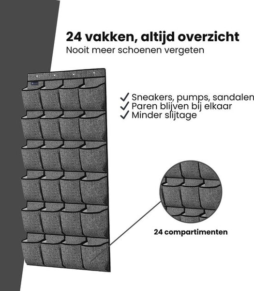 Schoenenkast Hangend - Schoenenzak 24 vakken - Opbergen van Schoenen aan Deur - Schoenenzak Grijs - Oplossing voor rondslingerende schoenen - Hoogwaardige Schoenenkast