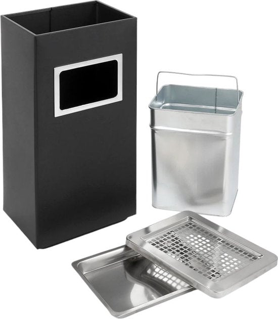 Asbak Voor Buiten - Zwart met RVS - 31 cm x 25 cm x 61 cm - Vloerasbak - Buitenasbak Groot - Rookpaal - Asbakken - Staande Asbak met RVS Afvalbak -