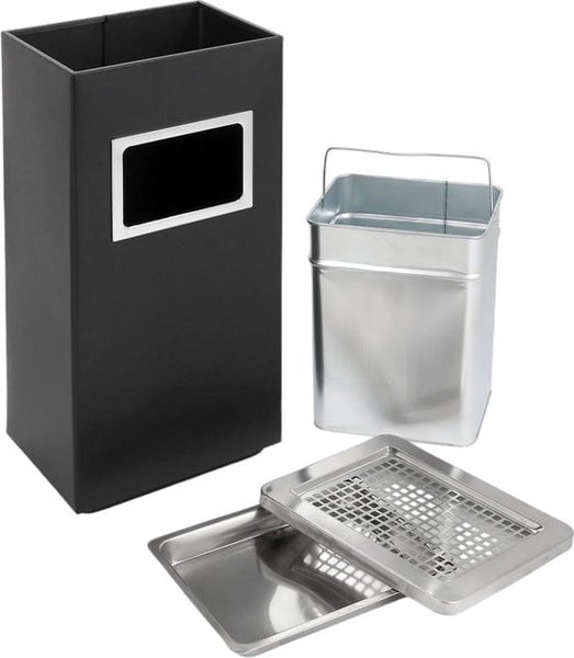 Asbak Voor Buiten - Zwart met RVS - 31 cm x 25 cm x 61 cm - Vloerasbak - Buitenasbak Groot - Rookpaal - Asbakken - Staande Asbak met RVS Afvalbak -