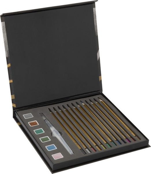 Nassau Fine Art 19-Delige Metallic Mixed Media Set | Metallic Kleurpotloden - Metallic verf - Waterbrush | In Handige Opbergbox