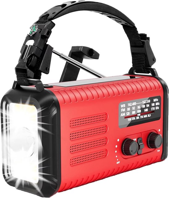 NovaWare NoodRadio Solar Opwindbaar - FM-AM - Powerbank Zonneenergie met 20.000mAh - Survival Noodpakket - Draagbare Radio op batterijen – Rood