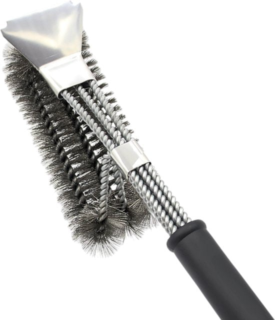 BBQ Borstel met Schraper - BBQ Accessoires - BBQ Schoonmaakborstel geschikt voor alle merken - 2 in 1 - Barbecue Staalborstel - RVS - Zilver