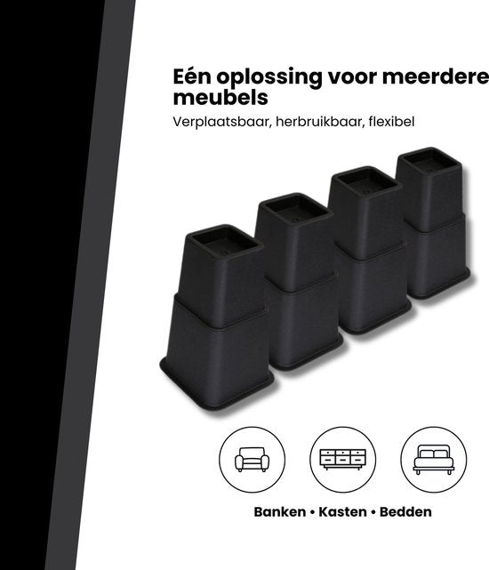 Meubelverhoger Set - Verstelbare Poten - 8 stuks - Zwart - 3 verschillende hoogtes: 10 cm, 15 cm of 22,5 cm