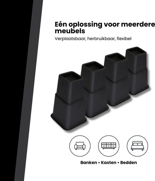 Meubelverhoger Set - Verstelbare Poten - 8 stuks - Zwart - 3 verschillende hoogtes: 10 cm, 15 cm of 22,5 cm
