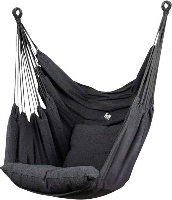Hangstoel met Kussen – Hangende Stoel voor Binnen en Buiten – Inclusief Ophangset – Belastbaar tot 125 kg – Katoenen Hangstoel voor Tuin, Balkon, Slaapkamer & Balkon – Zwart