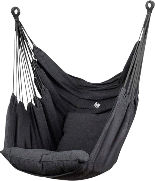 Hangstoel met Kussen – Hangende Stoel voor Binnen en Buiten – Inclusief Ophangset – Belastbaar tot 125 kg – Katoenen Hangstoel voor Tuin, Balkon, Slaapkamer & Balkon – Zwart