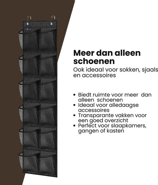 Schoenenkast Hangend - Schoenenzak 12 vakken - Opbergen van Schoenen aan Deur - Schoenenzak Zwart - Oplossing voor rondslingerende schoenen - Hoogwaardige Schoenenkast