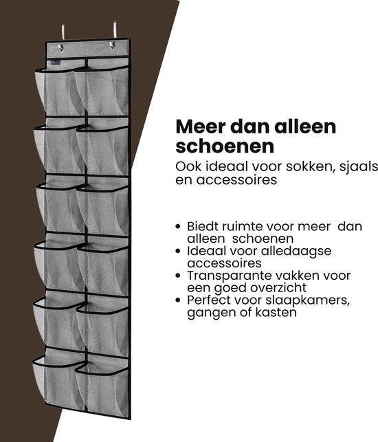 Schoenenkast Hangend - Schoenenzak 12 vakken - Opbergen van Schoenen aan Deur - Schoenenzak Grijs - Oplossing voor rondslingerende schoenen - Hoogwaardige Schoenenkast