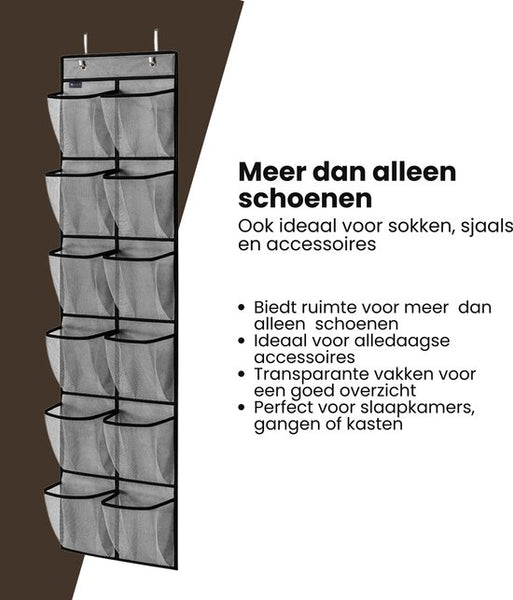 Schoenenkast Hangend - Schoenenzak 12 vakken - Opbergen van Schoenen aan Deur - Schoenenzak Grijs - Oplossing voor rondslingerende schoenen - Hoogwaardige Schoenenkast
