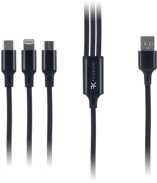 FLOKOO 3-in-1 USB Kabel – 1 meter – Snelladen & Dataoverdracht – USB naar USB-C - Micro-USB - Lightning – Nylon Gevlochten – Zwart - Oplaadkabel Telefoon