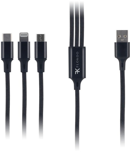 FLOKOO 3-in-1 USB Kabel – 1 meter – Snelladen & Dataoverdracht – USB naar USB-C - Micro-USB - Lightning – Nylon Gevlochten – Zwart - Oplaadkabel Telefoon
