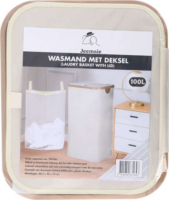 Wasmand met Deksel – Opvouwbare Wasmand – Wasbox 100L – Wassorteerder met Binnenzak – Beige – Voor Badkamer, Slaapkamer en Wasruimte