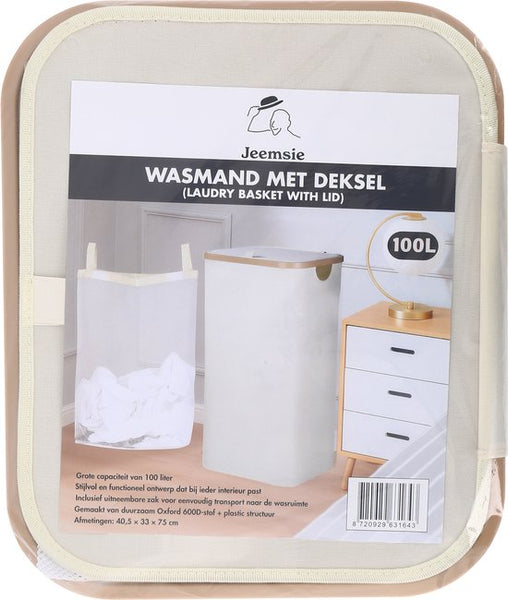 Wasmand met Deksel – Opvouwbare Wasmand – Wasbox 100L – Wassorteerder met Binnenzak – Beige – Voor Badkamer, Slaapkamer en Wasruimte