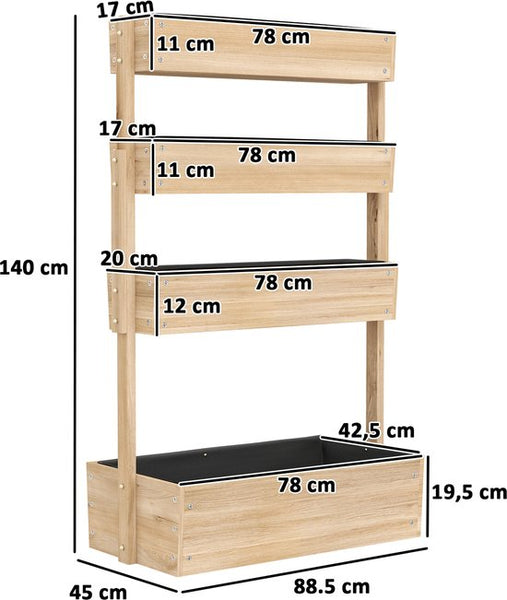 Verhoogde Plantenbak Hout - 4-laags Plantenrek met Drainage - 88,5 x 45 x 140 cm