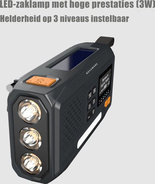 NovaWare® Noodradio Solar Opwindbaar - Powerbank Zonneenergie met 4500mAh - DAB+-FM - Noodpakket - Bluetooth speaker - Draagbare Radio – Oplaadbaar & Op Batterijen - Grijs