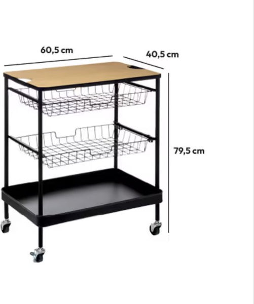 Serveerwagen met 3 opbergvakken en plateau 40x60x79 cm - Zwart