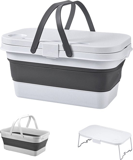 Picknickmand 2-1 - Wit & Grijs - 45 cm x 27 cm - Inklapbaar - Picknickmand met Tafel - Picknickmand 4 Personen - Picknicktas - Picknick