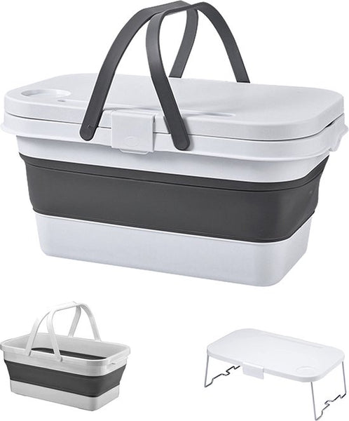 Picknickmand 2-1 - Wit & Grijs - 45 cm x 27 cm - Inklapbaar - Picknickmand met Tafel - Picknickmand 4 Personen - Picknicktas - Picknick