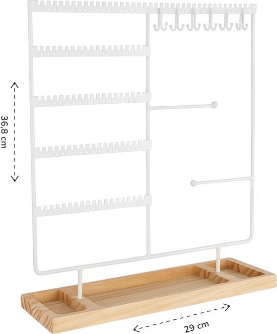 Sieradenhouder Wit met Houten Bodem – Organizer voor Kettingen, Oorbellen en Armbanden – Met Haakjes, Gaatjes en Opbergvakjes – 36,8 x 29 cm