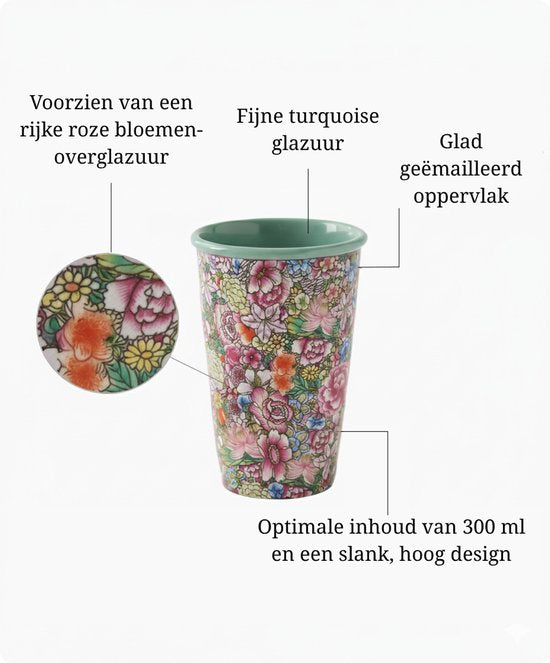 Koffiebeker 300 ml – Bloemen Design met Turquoise Glazuur – Slanke Theebeker & Koffiemok – Handzaam & Stijlvol