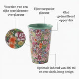Koffiebeker 300 ml – Bloemen Design met Turquoise Glazuur – Slanke Theebeker & Koffiemok – Handzaam & Stijlvol