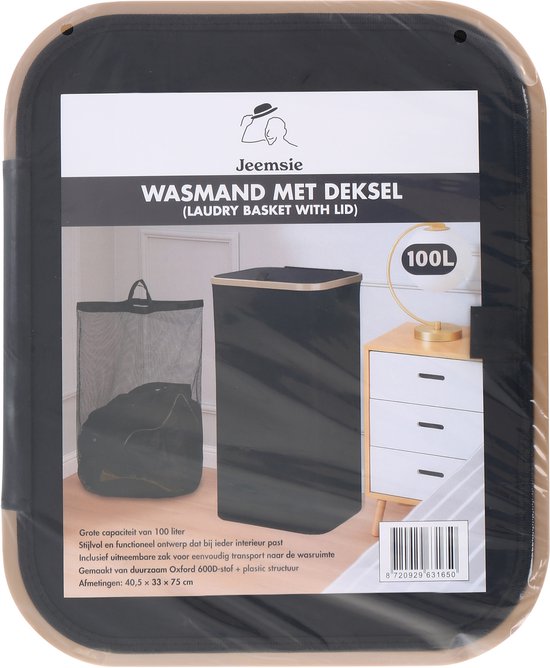 Wasmand met Deksel – Opvouwbare Wasmand – Wasbox 100L – Wassorteerder met Binnenzak – Beige – Voor Badkamer, Slaapkamer en Wasruimte