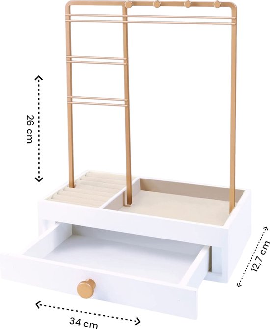 Sieradenhouder met Lade - Goudkleurig - Oorbellenrekje - Display - Hout en Metaal - Oorbellenhouder - Oorbellenrekje