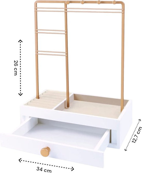 Sieradenhouder met Lade - Goudkleurig - Oorbellenrekje - Display - Hout en Metaal - Oorbellenhouder - Oorbellenrekje