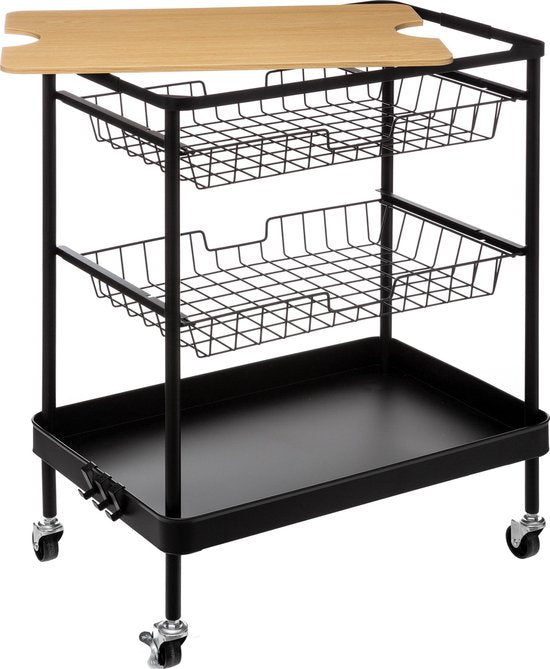 Serveerwagen met 3 opbergvakken en plateau 40x60x79 cm - Zwart