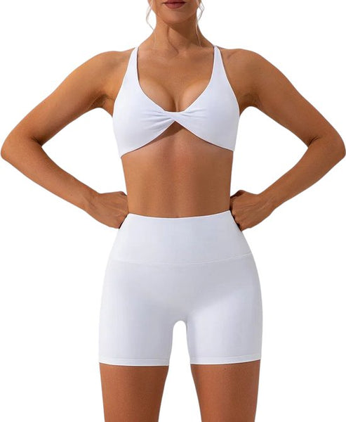 SparkNine Vivavee sport-bh - stijlvolle bra - gedraaide knoop - kruislingsbandjes - XL - wit - V-hals - medium ondersteuning - verwijderbare vulling