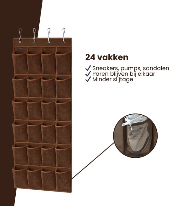 Schoenenkast Hangend - Schoenenzak 24 vakken - Opbergen van Schoenen aan Deur - Schoenenzak Bruin - Oplossing voor rondslingerende schoenen - Hoogwaardige Schoenenkast