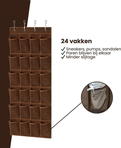 Schoenenkast Hangend - Schoenenzak 24 vakken - Opbergen van Schoenen aan Deur - Schoenenzak Bruin - Oplossing voor rondslingerende schoenen - Hoogwaardige Schoenenkast