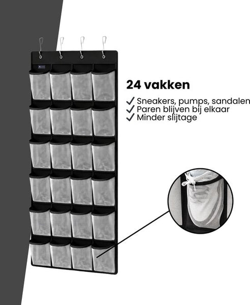 Schoenenkast Hangend - Schoenenzak 24 vakken - Opbergen van Schoenen aan Deur - Schoenenzak Zwart - Wit - Oplossing voor rondslingerende schoenen - Hoogwaardige Schoenenkast