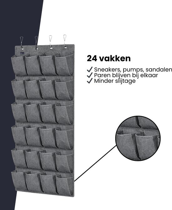 Schoenenkast Hangend - Schoenenzak 24 vakken - Opbergen van Schoenen aan Deur - Schoenenzak licht grijs - Oplossing voor rondslingerende schoenen - Hoogwaardige Schoenenkast