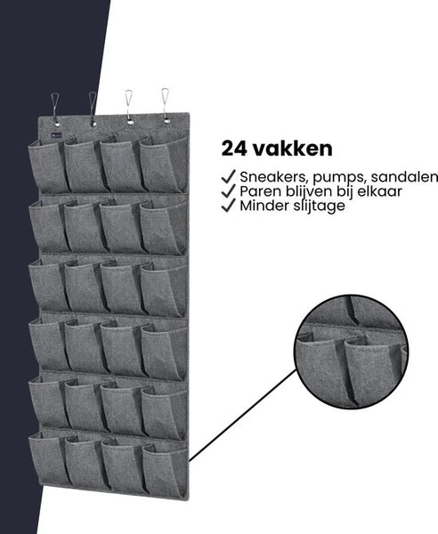 Schoenenkast Hangend - Schoenenzak 24 vakken - Opbergen van Schoenen aan Deur - Schoenenzak licht grijs - Oplossing voor rondslingerende schoenen - Hoogwaardige Schoenenkast