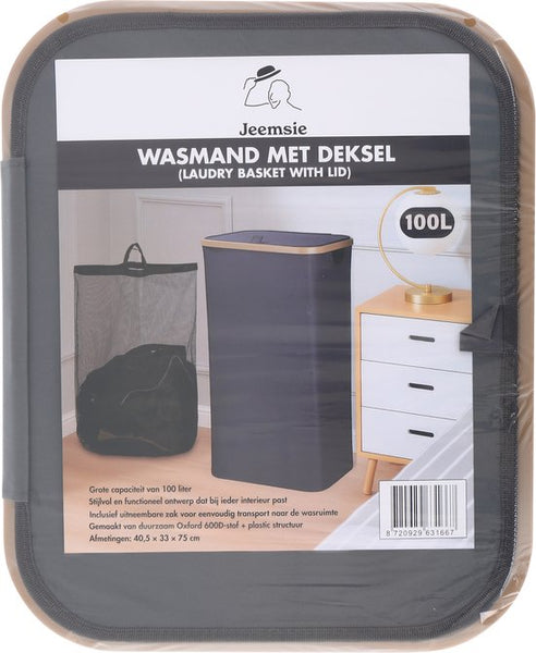 Wasmand met Deksel – Opvouwbare Wasmand – Wasbox 100L – Wassorteerder met Binnenzak – Zwart – Voor Badkamer, Slaapkamer en Wasruimte