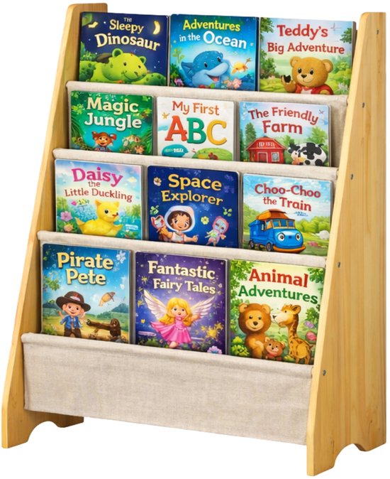 Kinderboekenkast - Bruin - Hout met Linnen - Kinderboekenrek - Boekenrek Kinderkamer