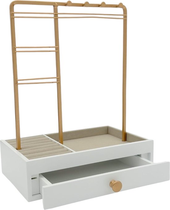 Sieradenhouder met Lade - Goudkleurig - Oorbellenrekje - Display - Hout en Metaal - Oorbellenhouder - Oorbellenrekje