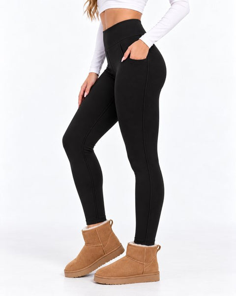 SparkNine Softwarm thermische legging - winterbroek - XXL - zwart - hoge taille - met zijzakken - warm & zacht