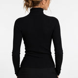 SparkNine Velora dames longsleeve - coltrui - hoge kraag met rits - aansluitende pasvorm - elastisch - XXL - zwart - cropped - gestreepte print
