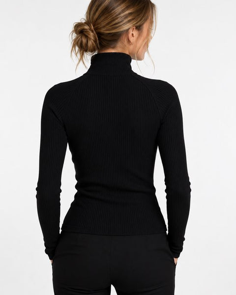 SparkNine Velora dames longsleeve - coltrui - hoge kraag met rits - aansluitende pasvorm - elastisch - XXL - zwart - cropped - gestreepte print