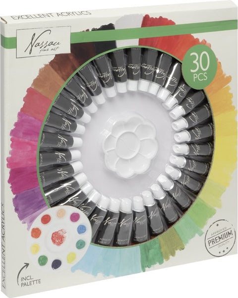 Nassau Fine Art - Professionele Acrylverf - Acrylverfset - Acrylic Paint Set - Verf - Verf Set - Verven -Schilderen - Kinderen - Hobby - Hoge Kwaliteit Verf - 30 Kleuren