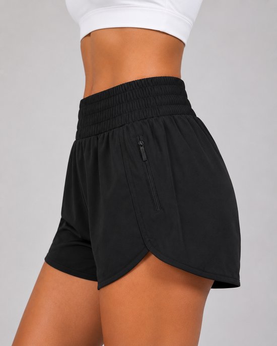 SparkNine Zipease short dames - dubbellaags - met zak - ritssluiting - korte sportbroek - S - zwart - elastische taille - sneldrogend - functioneel & comfortabel