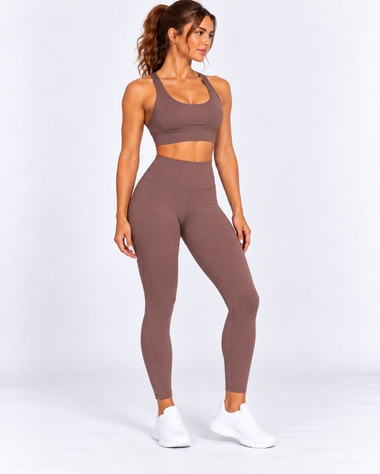 SparkNine Elevate Sportset - tweedelig - L - bruin - high-impact ondersteuning - hoge taille - cross back - compressie - hoge taille - sportkledingset